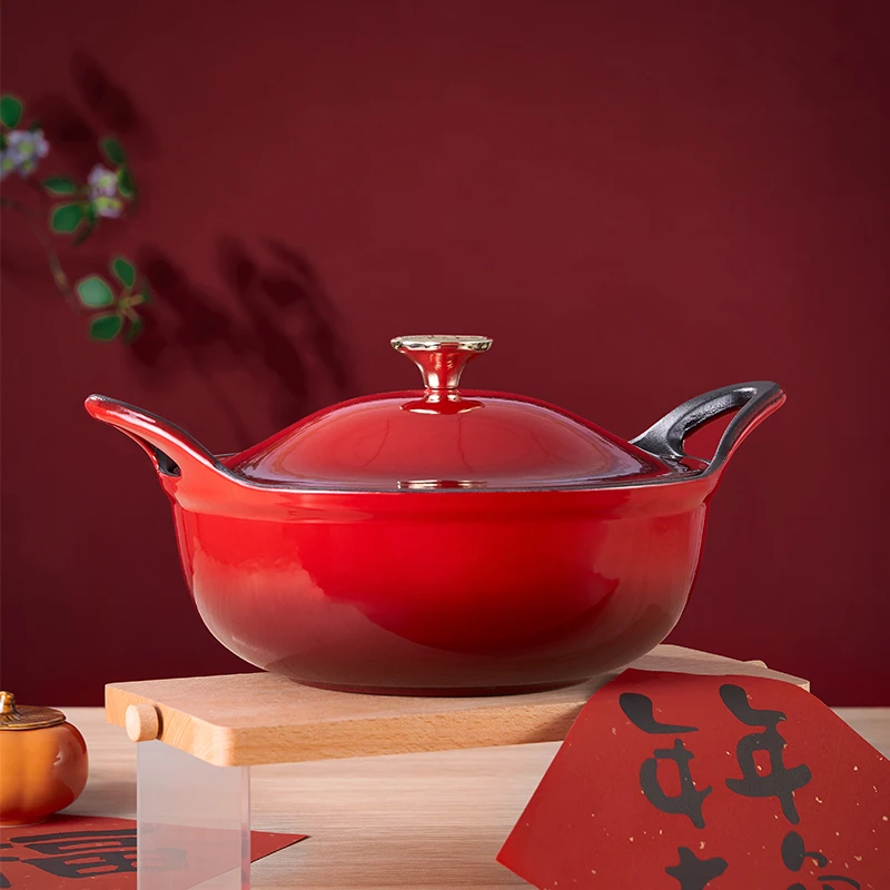 YANZAO/焱造铸铁珐琅锅26口径新国风锦鲤焖炒锅