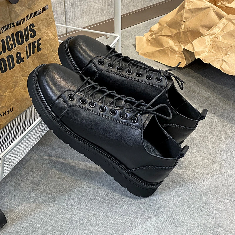 男士潮流休闲皮鞋男百搭潮流青年中帮短靴鞋子男复古高帮马丁靴