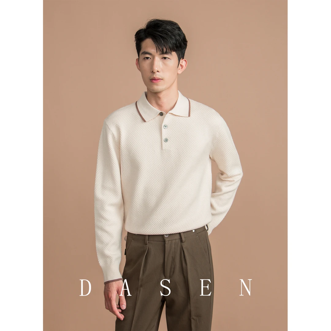 秋冬时尚华夫格拼色针织毛衣男士通勤简约休闲翻领T恤男打底线衫