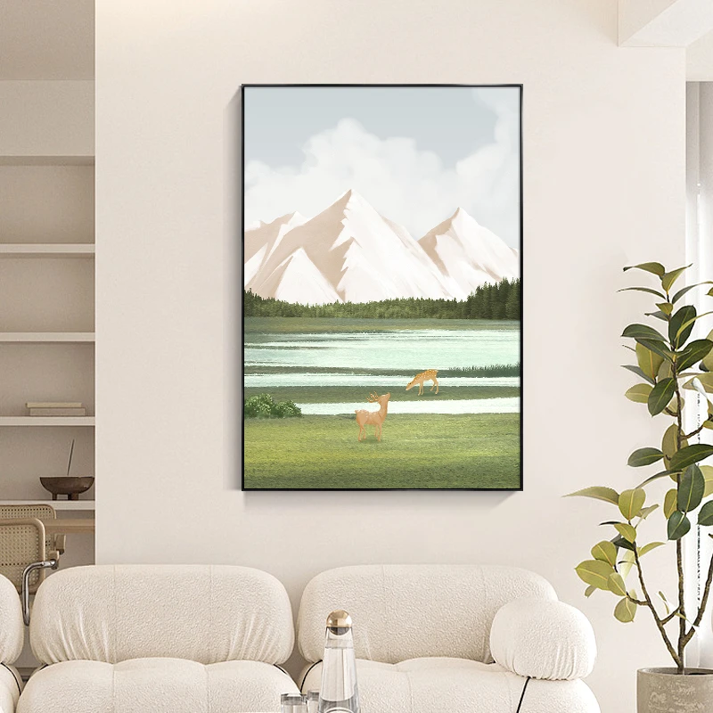客厅装饰画麋鹿之森沙发背景墙挂画绿色玄关入户挂画走廊壁画餐厅