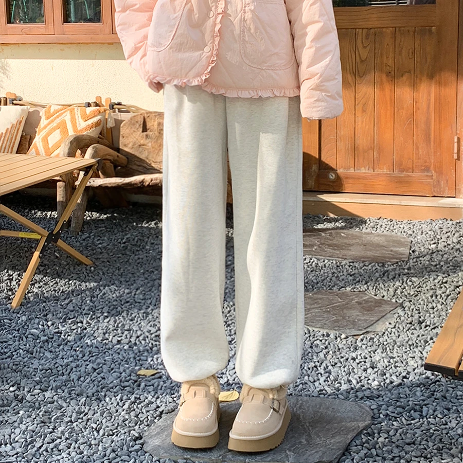 逃屿 灰色卫裤加绒阔腿裤宽松休闲显瘦运动裤女束脚显瘦直筒卫裤