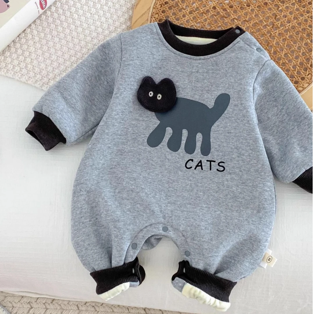 婴儿爬服卡通一体绒哈衣2024冬季韩国童装宝宝加绒连体衣婴儿冬装