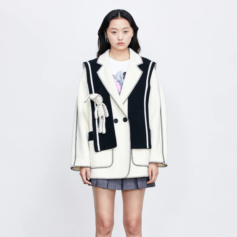 【诗语专属】REVAN芮范明星同款公仔披肩拼接毛呢大衣P70302475