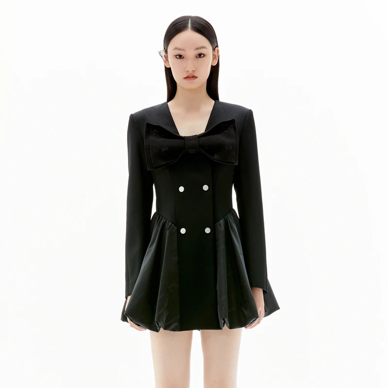 【达人播专属】REVAN芮范蝴蝶结西装长袖连衣裙RU91101143