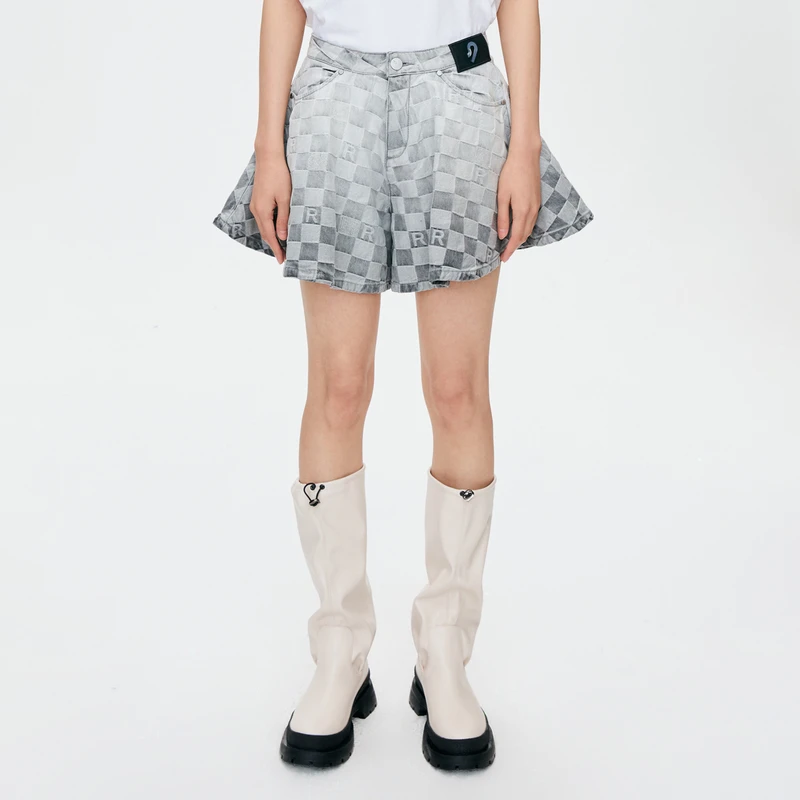 REVAN芮范甜酷渐变格纹牛仔裙裤O31315151