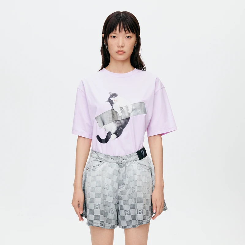 REVAN芮范夏季玩趣猫咪图案淡紫色T恤O31001007