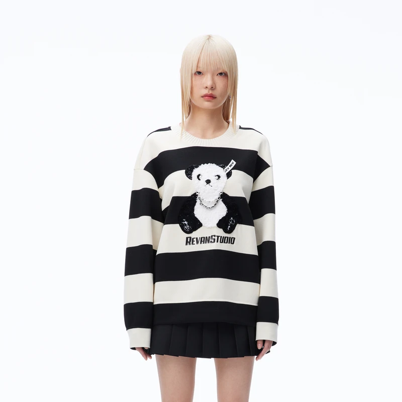 【诗语专属】REVAN芮范设计师款萌趣条熊猫纹T恤卫衣RN71002012