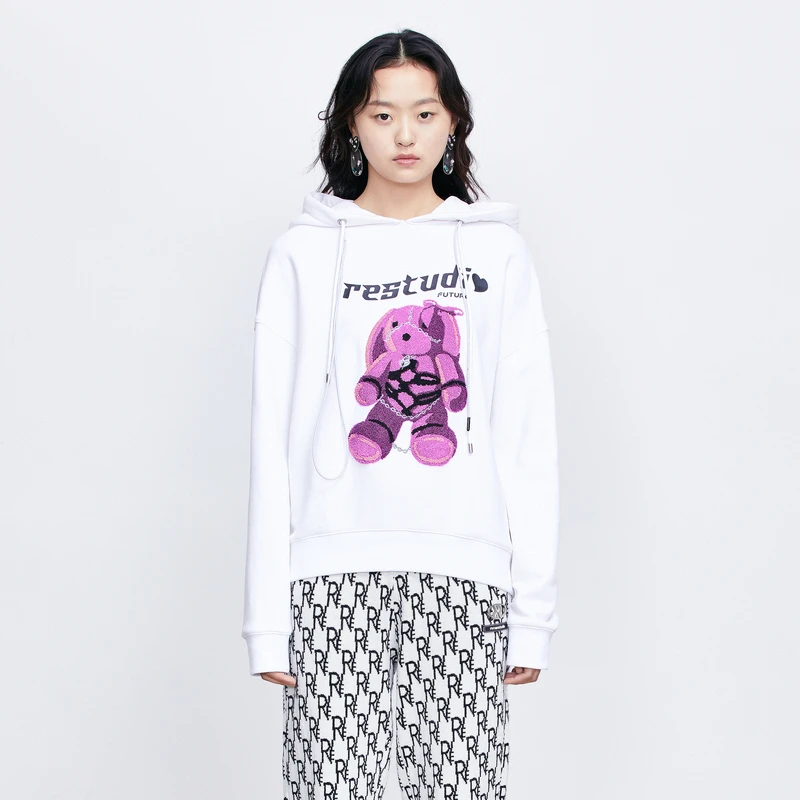 REVAN芮范P71002031休闲oversized卡通连帽卫衣长袖白色