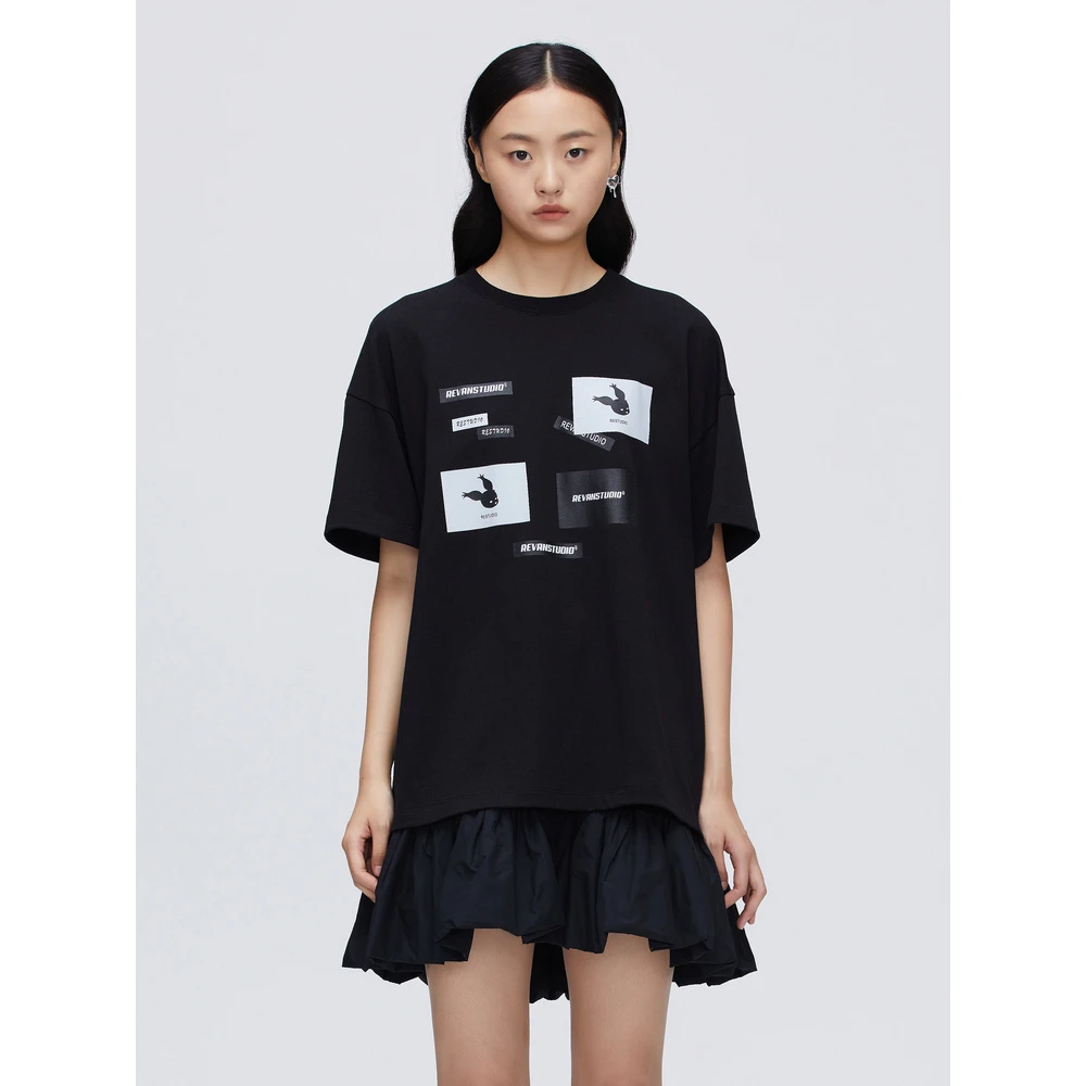 REVAN芮范青春酷感叠图黑T潮流连衣裙O11101165