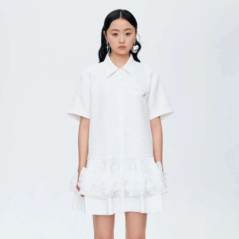 REVAN芮范甜美半哑光褶皱白色宽松连衣裙O31101228