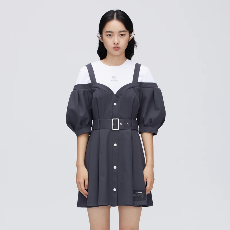 REVAN芮范设计师款经典撞色假两件连衣裙