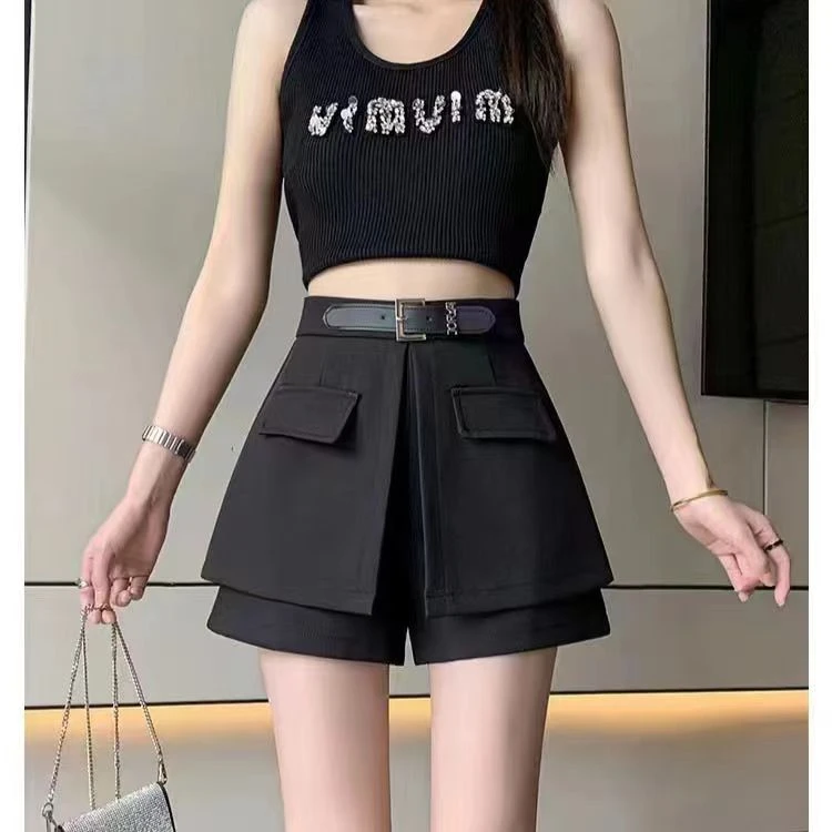 时尚韩版春秋新款高腰显瘦裙裤设计感百搭休闲打底黑色阔腿短裤女