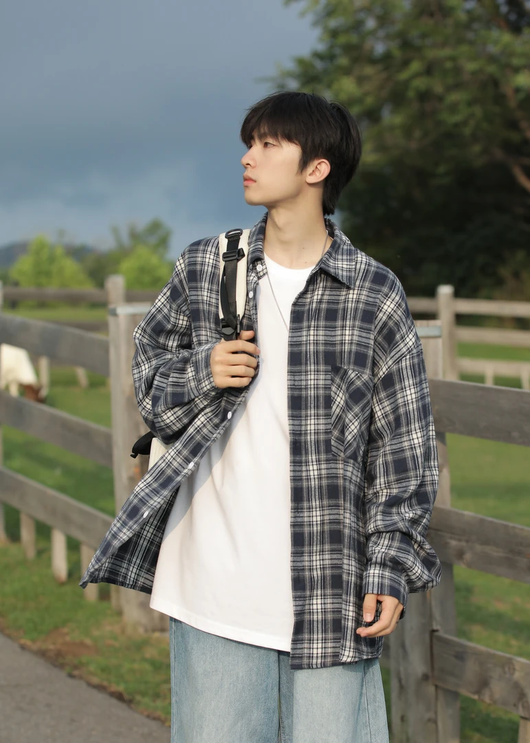 韩版休闲格子衬衫长袖男士春秋港风复古潮流宽松衬衣ins百搭外套