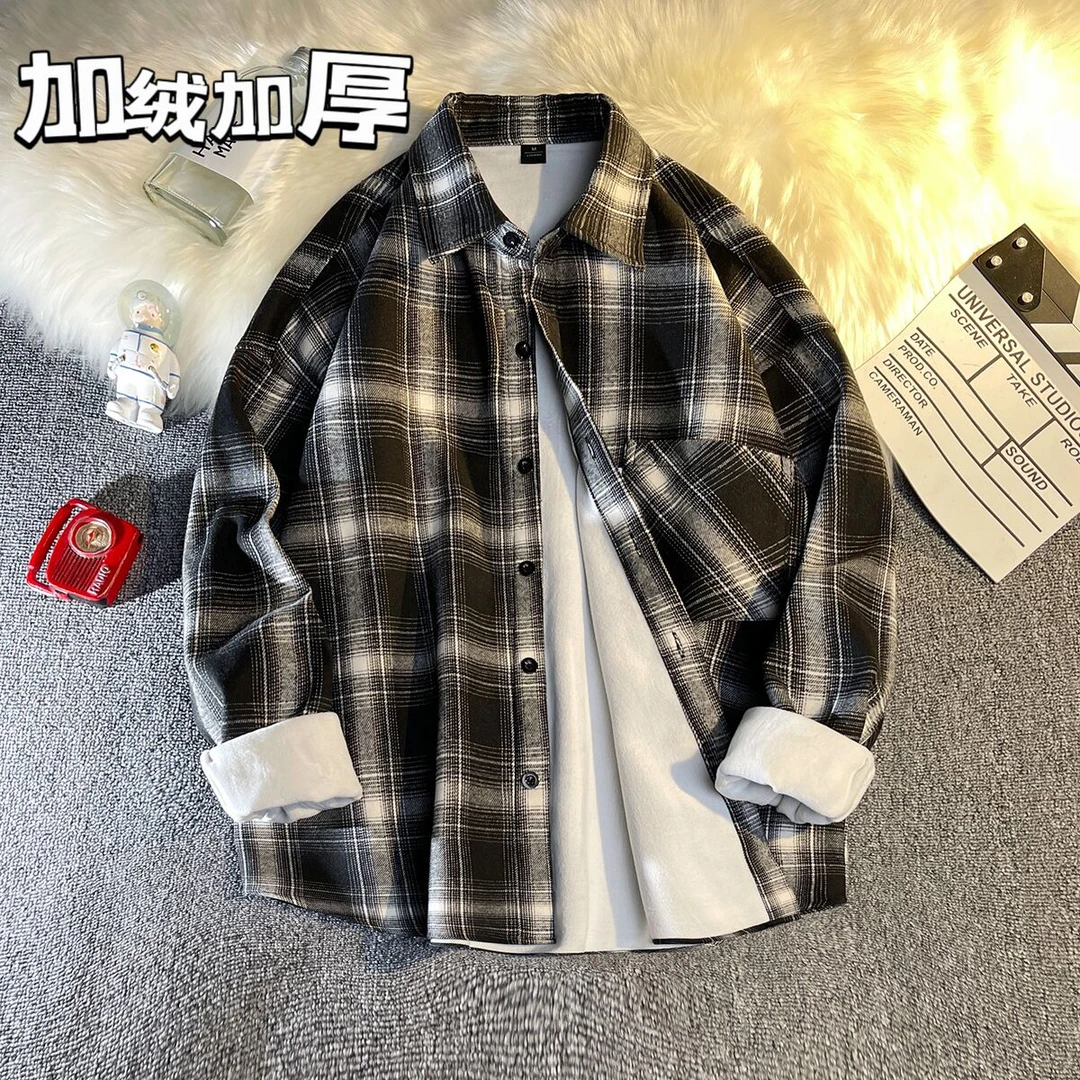 港风复古加绒加厚衬衣男女长袖潮流休闲保暖格子衬衫韩版外套帅气