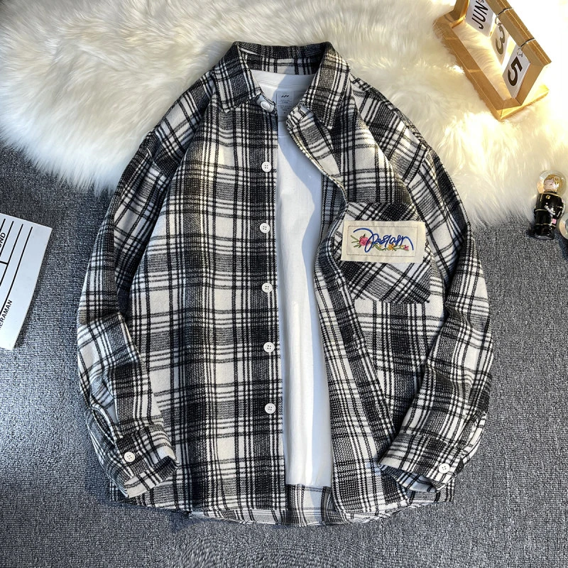 港风格纹衬衣外套男2023秋季ins韩版绣花衬衫宽松长袖情侣百搭潮