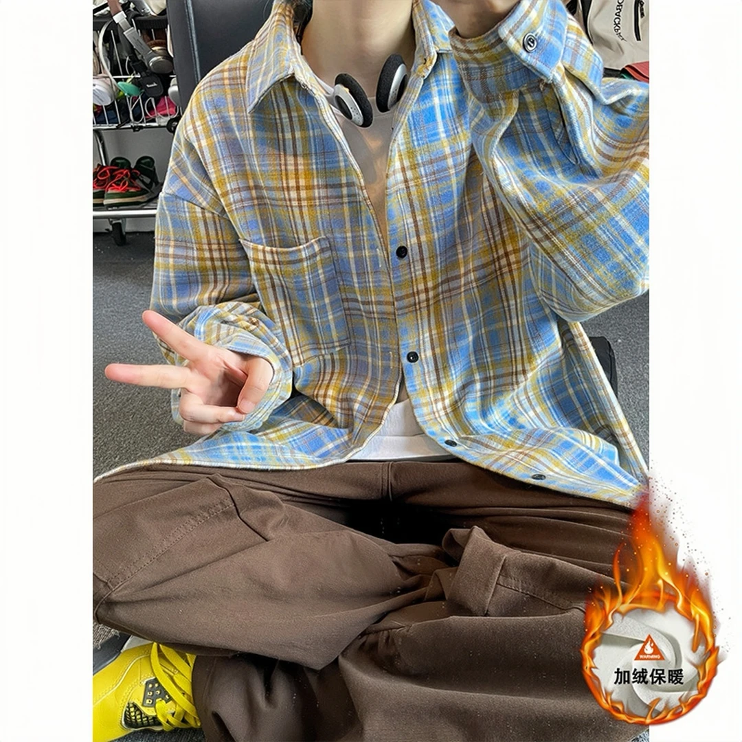秋冬加绒加厚衬衣男长袖复古宽松内搭港风休闲格子衬衣保暖外套