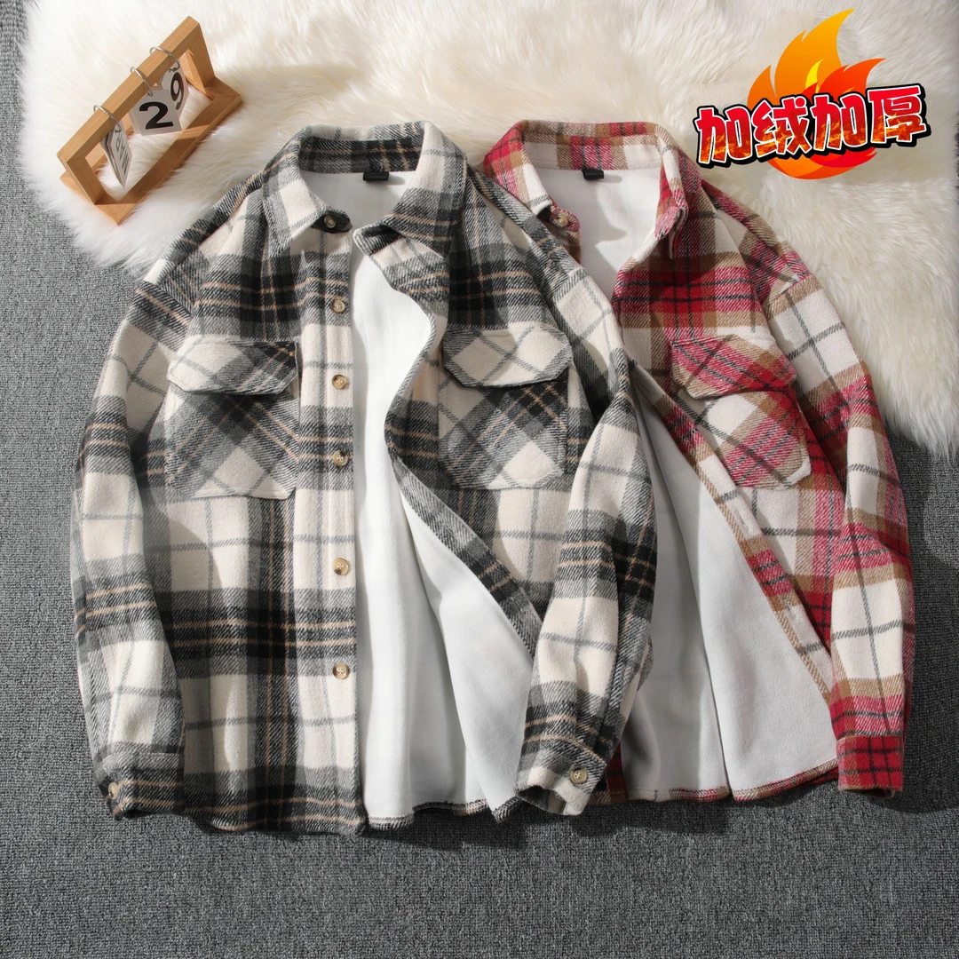 秋冬加绒格子衬衫加厚毛呢外套情侣百搭休闲衬衣男女韩版宽松长袖