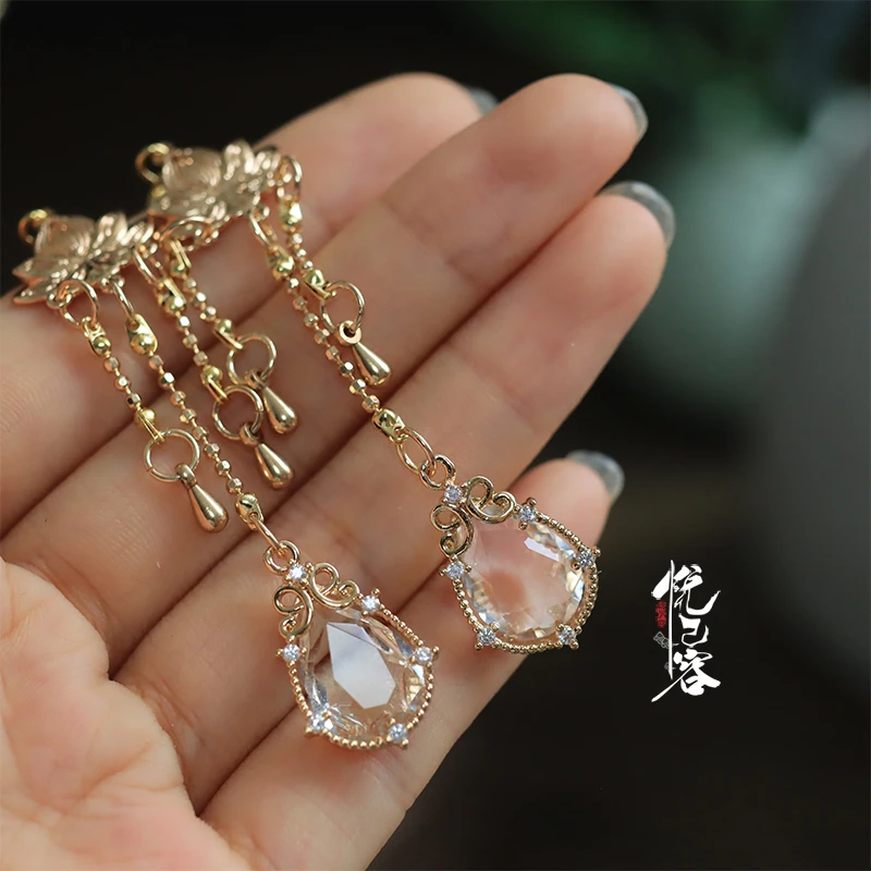 铜合金耳饰 悦己容[莲月夜]古风汉服耳环配饰仙气长流苏耳钩耳夹