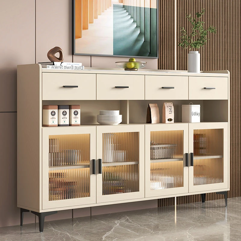 奶油风超薄20cm岩板餐边柜厨房置物柜储物餐厅收纳柜客厅靠墙家用