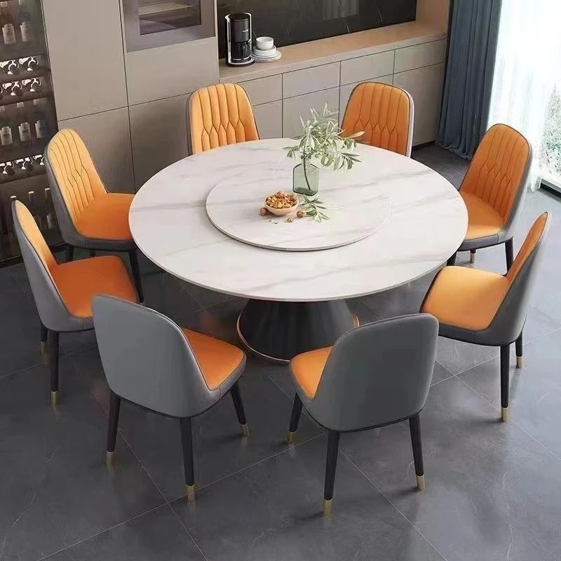 意式岩板餐桌椅组合现代简约轻奢大理石圆形桌带转盘餐桌家用免洗