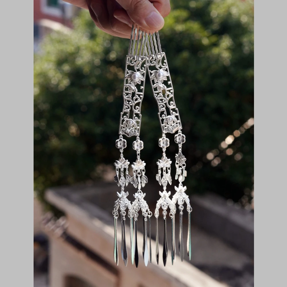 （苗银）长掩鬓发梳簪子保色铜片 氛围感战国袍美女头饰 汉服配饰