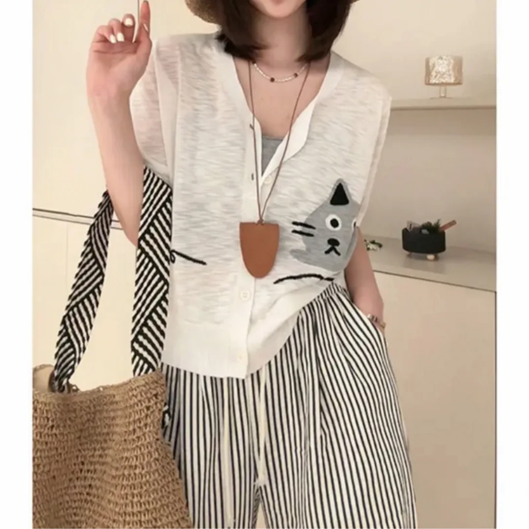 阿欣家~返款显瘦减龄猫咪V领短袖女上衣开衫 Z00049