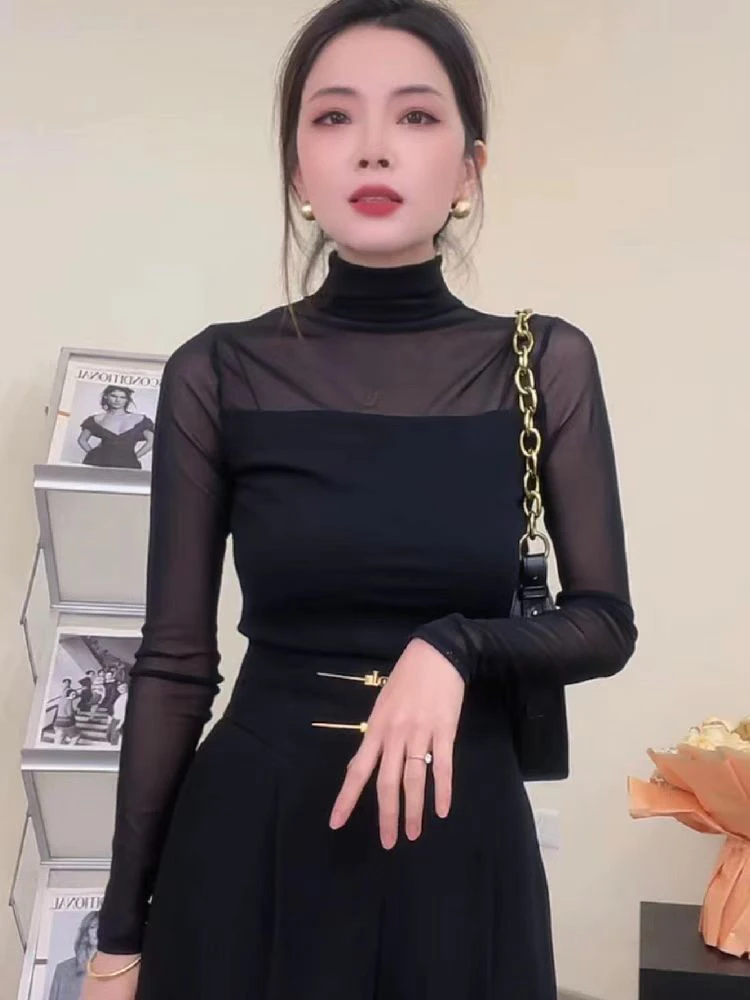 #9223 网纱拼接长袖T恤女春秋气质修身显瘦内搭打底衫上衣