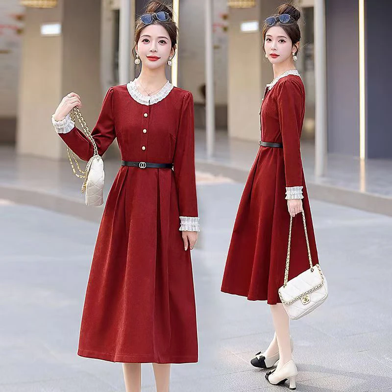 #9901 过膝长款新款女复古赫本风气质收腰显瘦长袖连衣裙子长裙