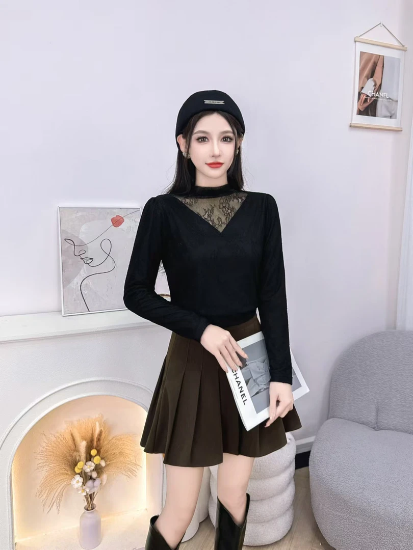 #8838 中性风长袖拼接镂空毛针织衫毛衫女装黑色半高领加绒加厚