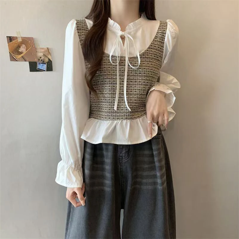 #2S66 大码法式设计感假两件拼接娃娃衫短款小众长袖上衣女