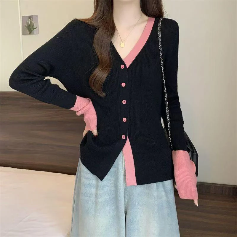 #拼色开衫毛衣秋冬款