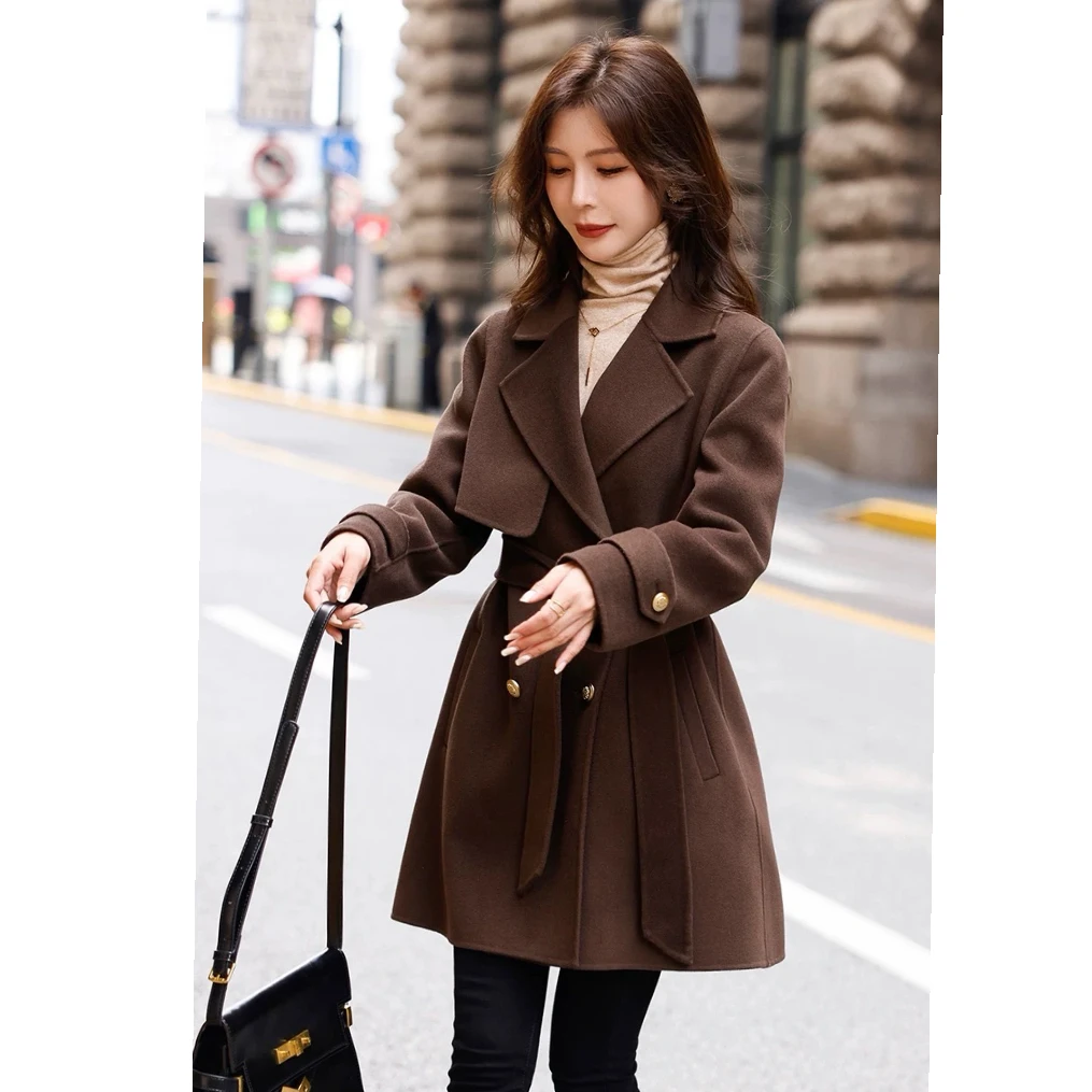 咖啡色双面羊绒大衣女中长款2024新款双层叠片气质羊毛呢子外套冬