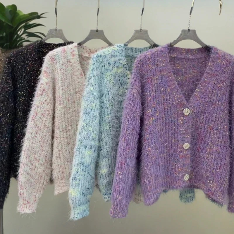 复古高档彩色v领开衫毛衣女短款