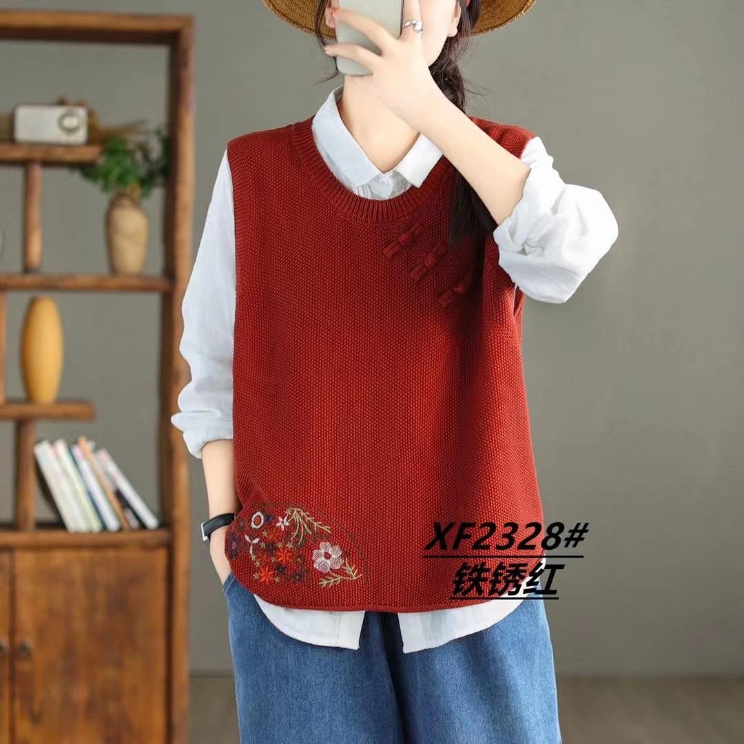 春秋新款圆领复古刺绣宽松百搭盘扣棉线针织马甲