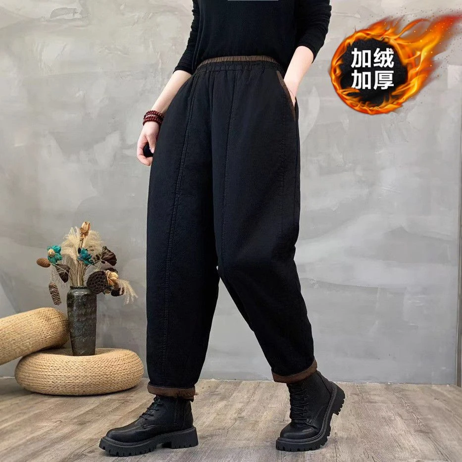 冬款大码女士裤子宽松复古加厚保暖加绒哈伦裤文艺松紧腰休闲裤