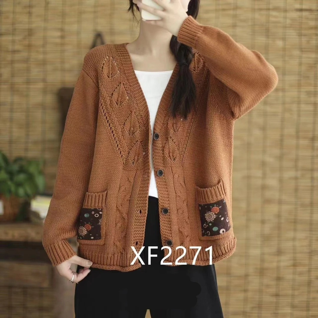 2024年春季新款加厚2271小花口袋棉线长袖开衫宽松毛衣时尚百搭