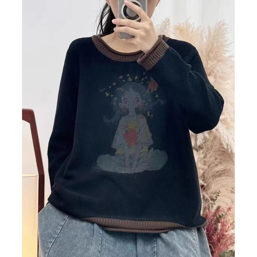 2024秋冬季新款撞色女孩针织毛衣女复古文艺卷边套头线衣宽松上衣