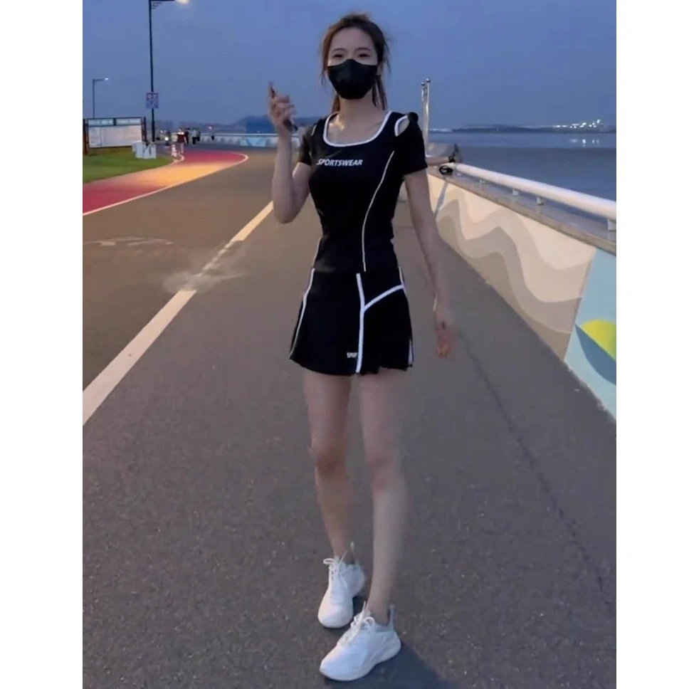 潮流短裙休闲运动风套装夏季新款低领纯欲风跑步网红款女套装夏装