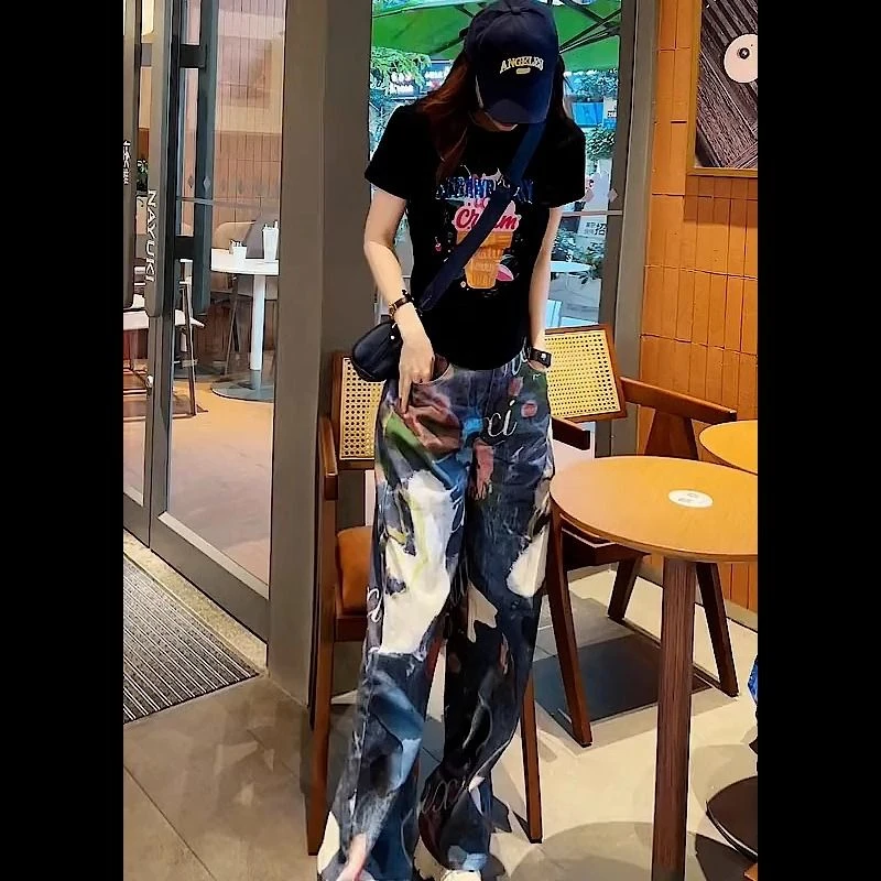 夏季挑染印花休闲宽松阔腿裤套装黑色显瘦圆领印花短袖两件套女