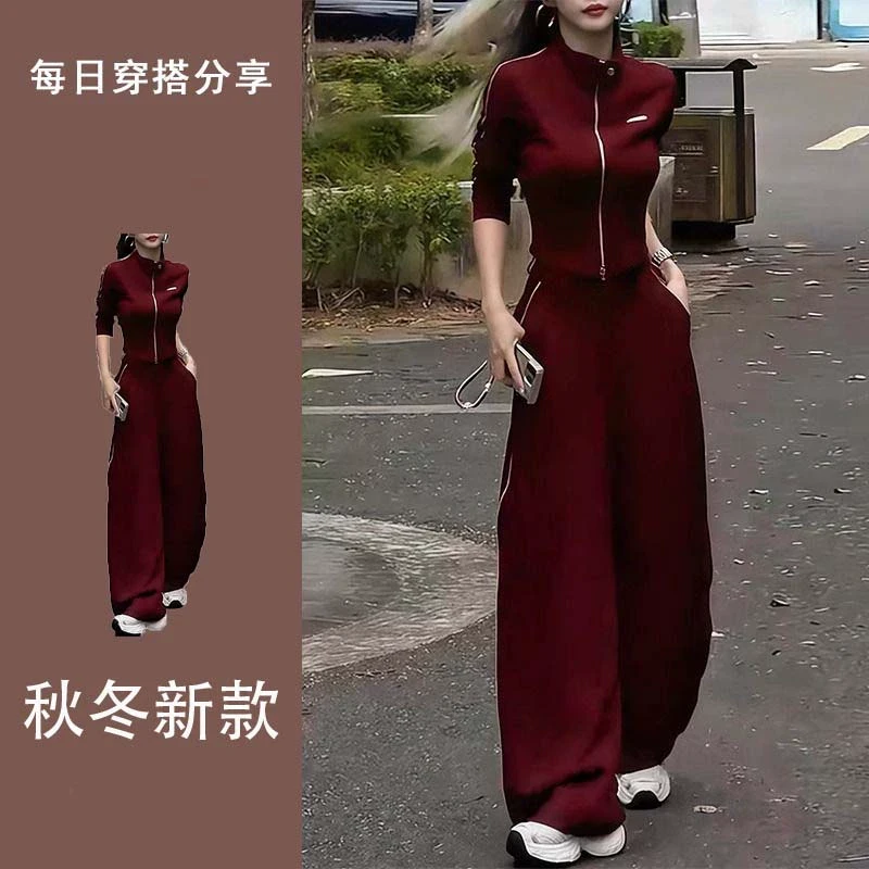 美式红色休闲运动套装女秋季新款百搭立领短款外套阔腿长裤两件套