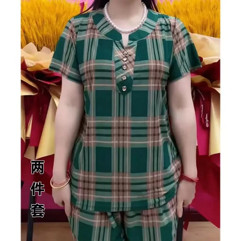 2024夏季新款格子休闲时尚显瘦百搭大码套装减龄宽松中老年妈妈装