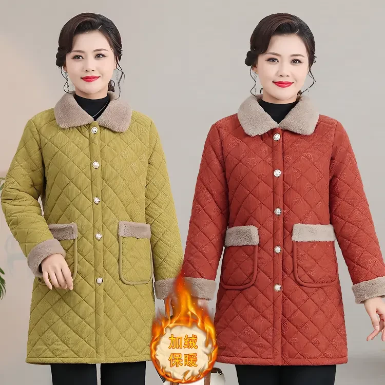 妈妈冬装棉袄加绒加厚棉衣服中长款中老年冬季外套保暖纯色棉服女