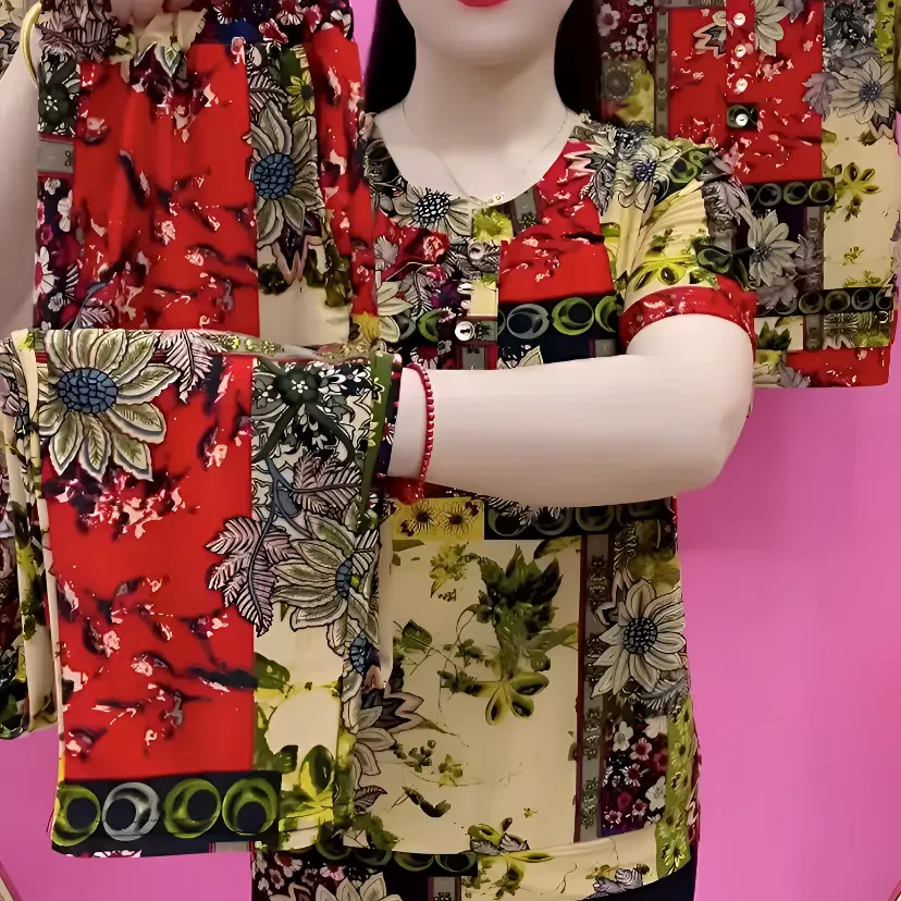 2024夏季新品碎花拼色大码时尚显瘦妈妈装套装百搭宽松