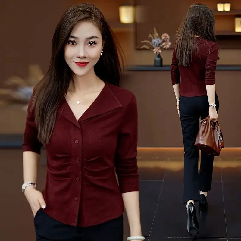 设计感V领长袖T恤女修身捏褶短款打底衫2024春秋新款洋气减龄体恤