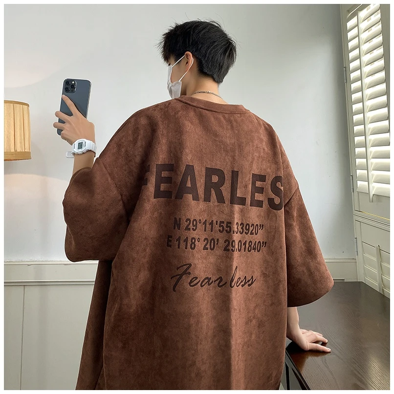 美式麂皮绒短袖T恤男夏季oversize大码潮牌宽松重磅300g五分半袖