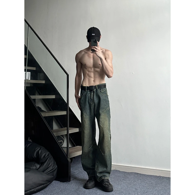 美式复古蓝牛仔裤男春秋款水洗渐变工装裤子高个子加长提档微喇裤