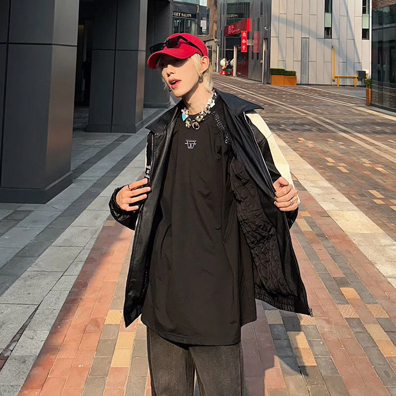 美式撞色PU皮夹克男款加厚潮牌高街痞帅机车夹棉棉服外套帅气