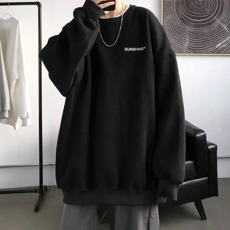 重磅圆领卫衣男生宽松黑色衣服外套ins春秋款港风oversized上衣服