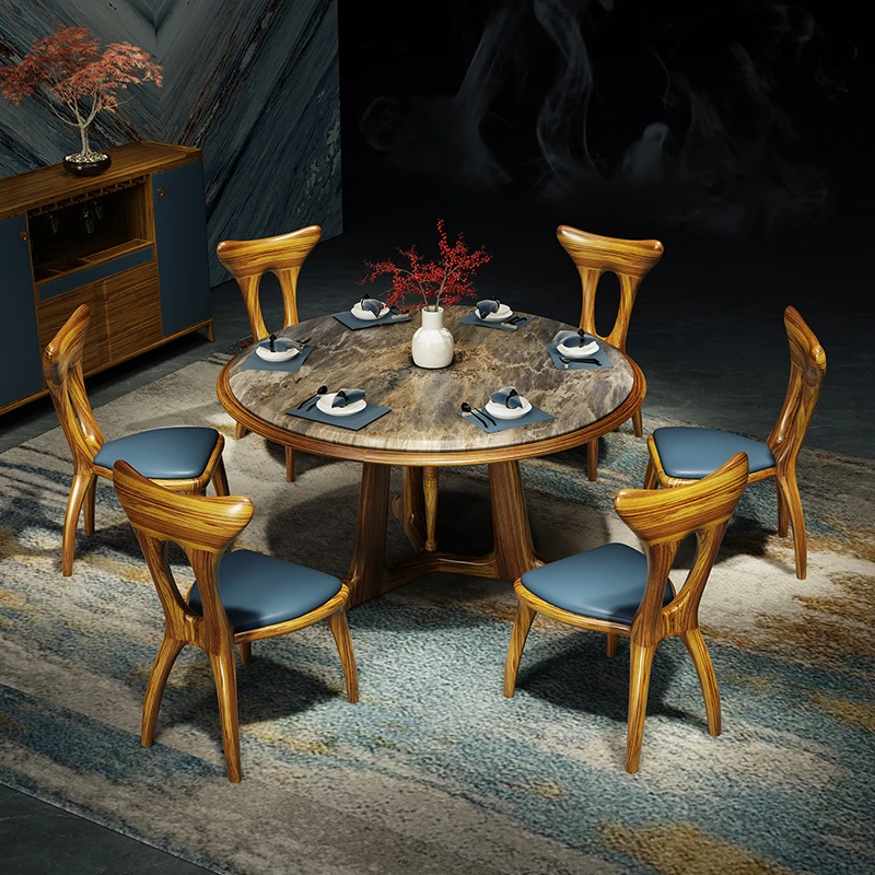 新中式乌金木实木餐桌餐椅现代轻奢客厅高端大理石圆桌家用家具