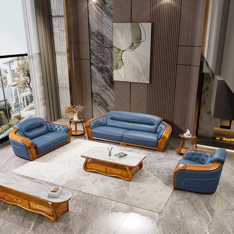 高端乌金木真皮沙发组合简约新中式别墅客厅头层牛皮沙发实木家具